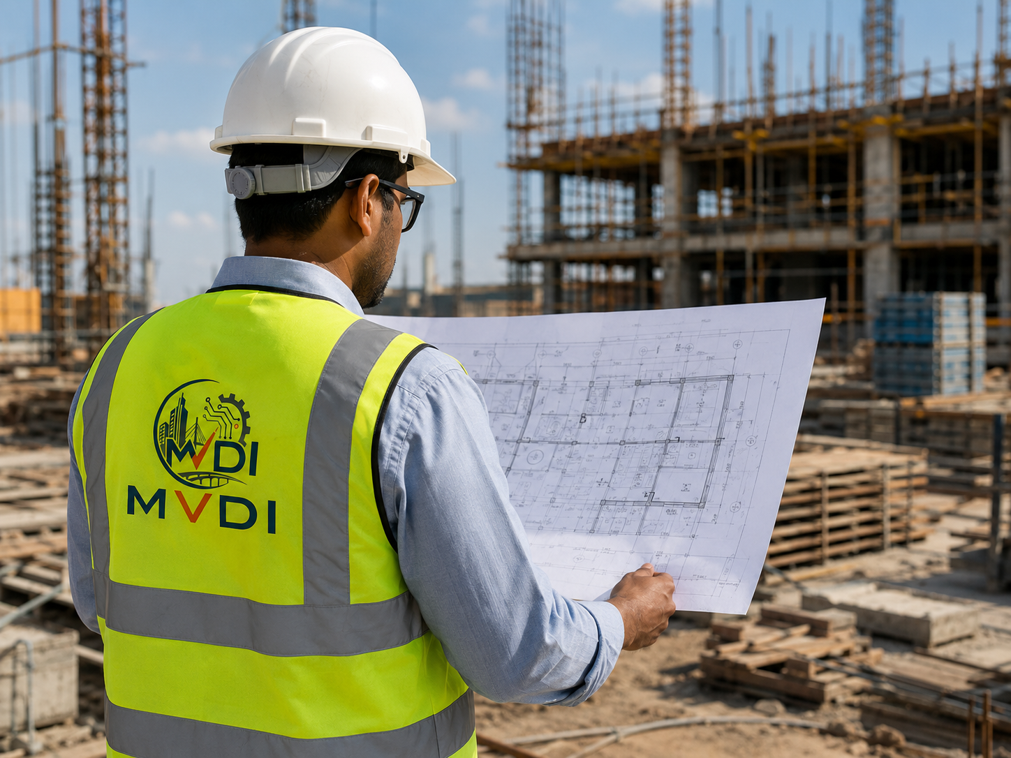 MVDI branded staff reviewing a plan